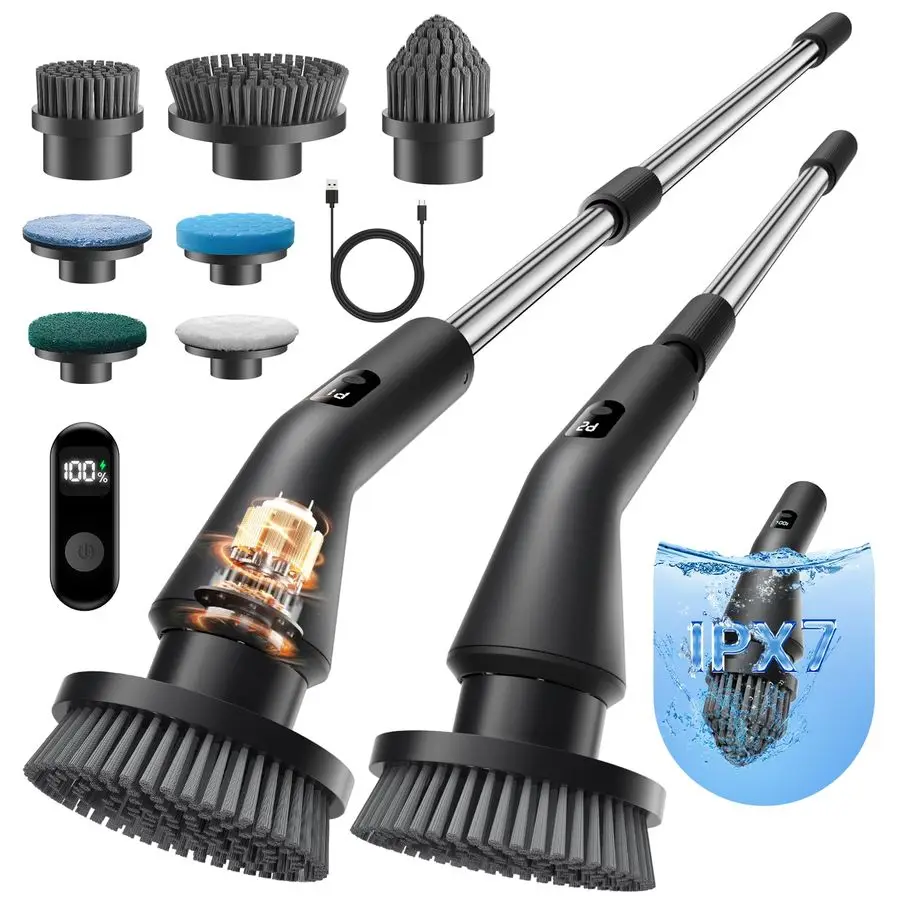 Electric Spin Scrubber, 2026 Upgraded Cordless Cleaning Brush Bathroom Scrubber, IPX7 Waterproof Electric Scrubber with 7 Brush