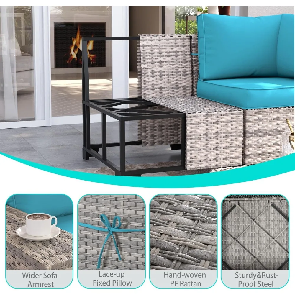 7-Piece Outdoor Patio Furniture Set with 55,000 BTU Fire Pit Table, PE Wicker Rattan Sectional Sofa Patio Conversation Set 6