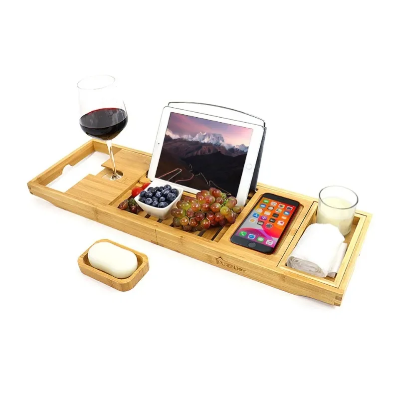 ถาดอ่างอาบน้ําด้านข้างแบบขยายได้ ชั้นวางอ่างอาบน้ําไม้ไผ่ ชั้นวางอาบน้ํากันลื่นแบบพับเก็บได้พร้อมชั้นวางโทรศัพท์ ที่วางแก้วไวน์ 1