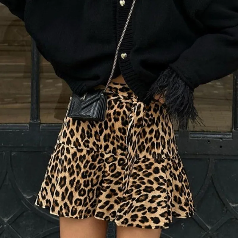 QWEEK Vintage Leopard Print Mini Skirt Women 2024 Summer Streetwear A Line High Waist Sexy Dress Chic Office Lady Faldas