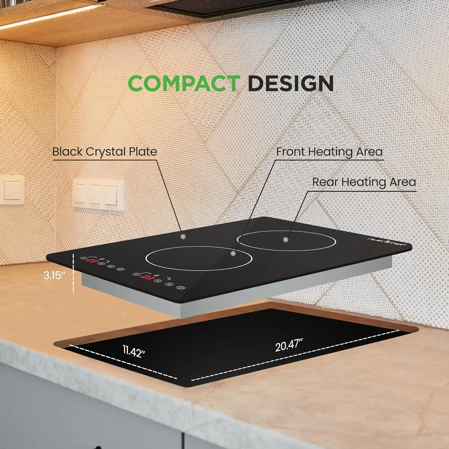 Cooktop 2 Glass Induction Burner Zones Adjustable Temperature Settings-1800W Electric CookerDigital