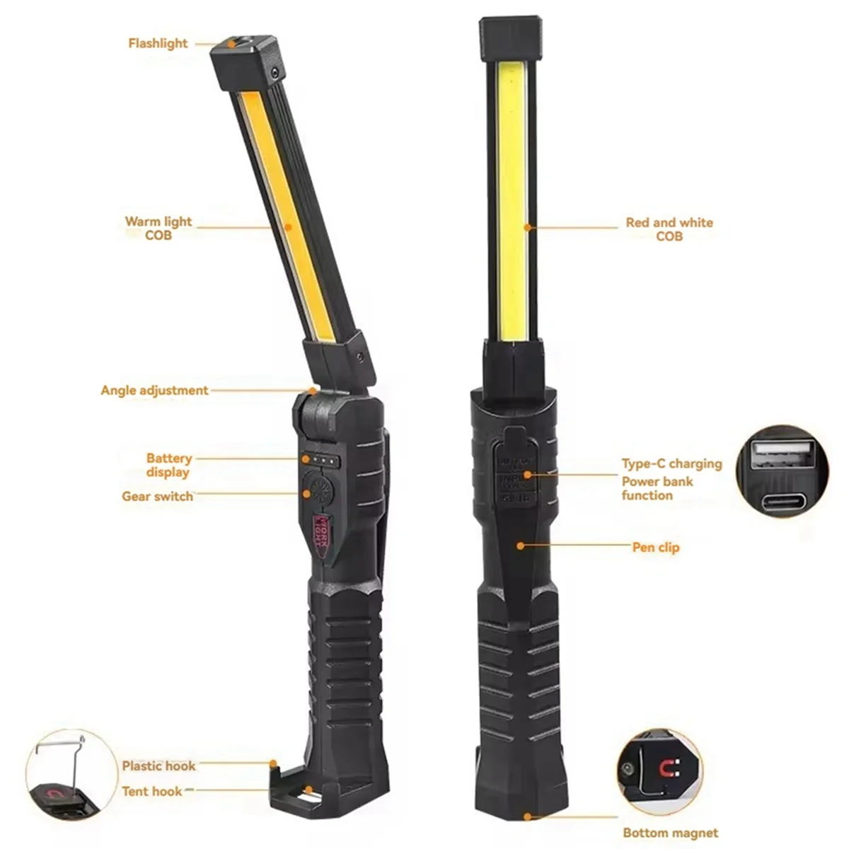 BAAU USB Rechargeable LED Work Light COB Lantern with Power Capacity Indicator Handled Flashlight for Outdoor Car Repair