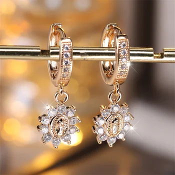 Luxury Crystal Oval Stone Earring White Zircon Sunflower Hoop Earrings For Women Vintage Fashion Gold Color Wedding Jewelry Gift