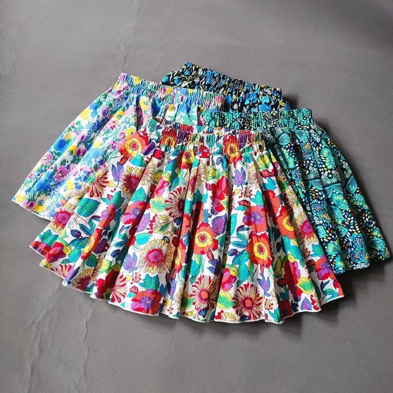 Kids Girls Pleated Skirts Princess Korean Girls Cotton Printed Large Hem Skirt Kids Floral Fluffy Party Skirt Children Clothes