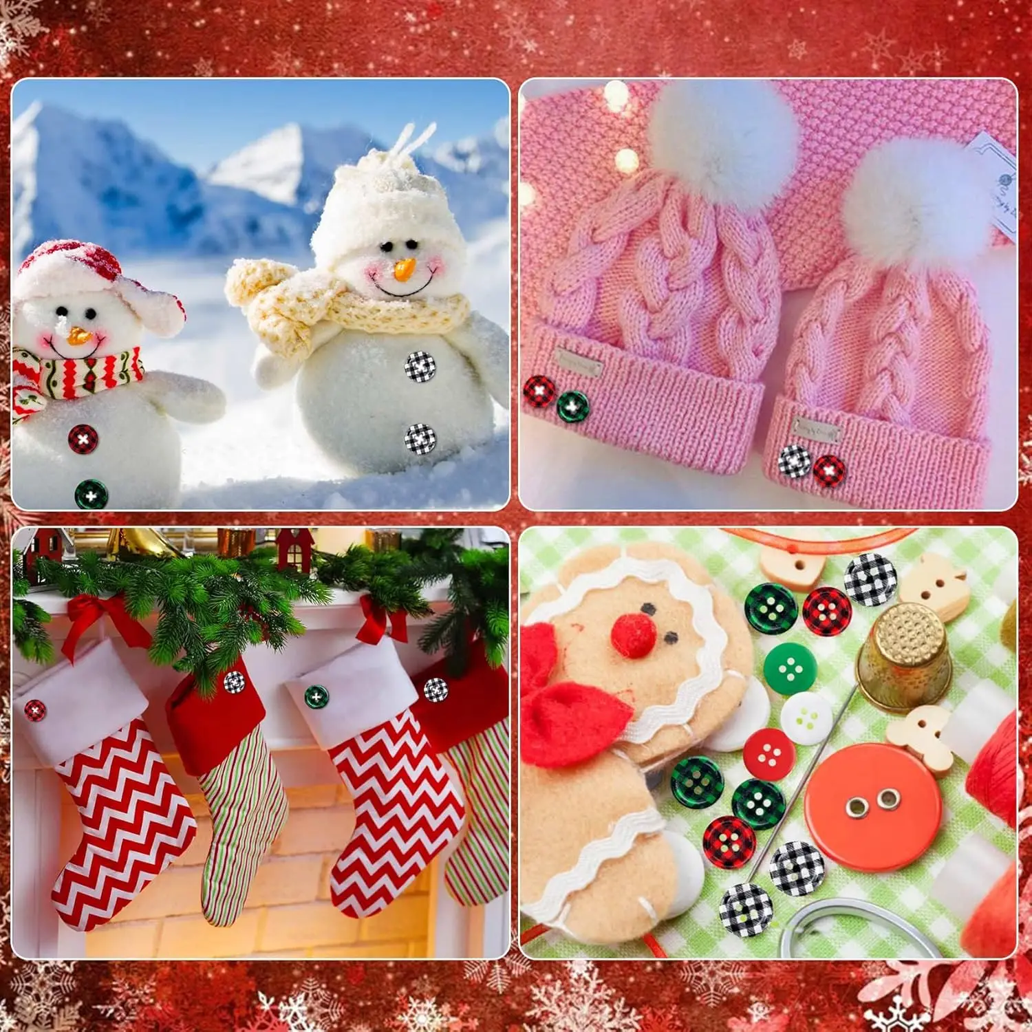 30Pcs Christmas Buffalo Check Wooden Buttons, 4-Hole, 20mm/0.79inch, Perfect for Christmas Sock Decor, DIY Crafts