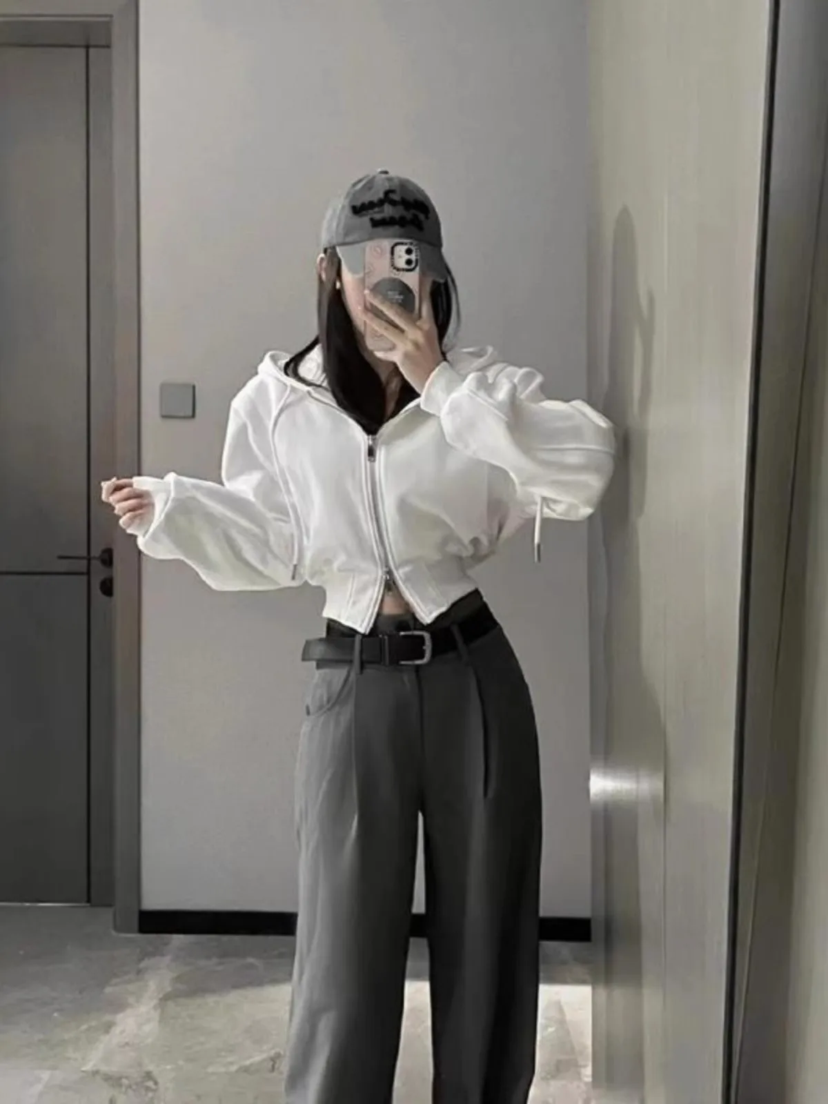 Thiened Hoodie Women's Faion oulder American Sle Slim Fit ort Coat Double Zipper White Spring Autumn Korean Version