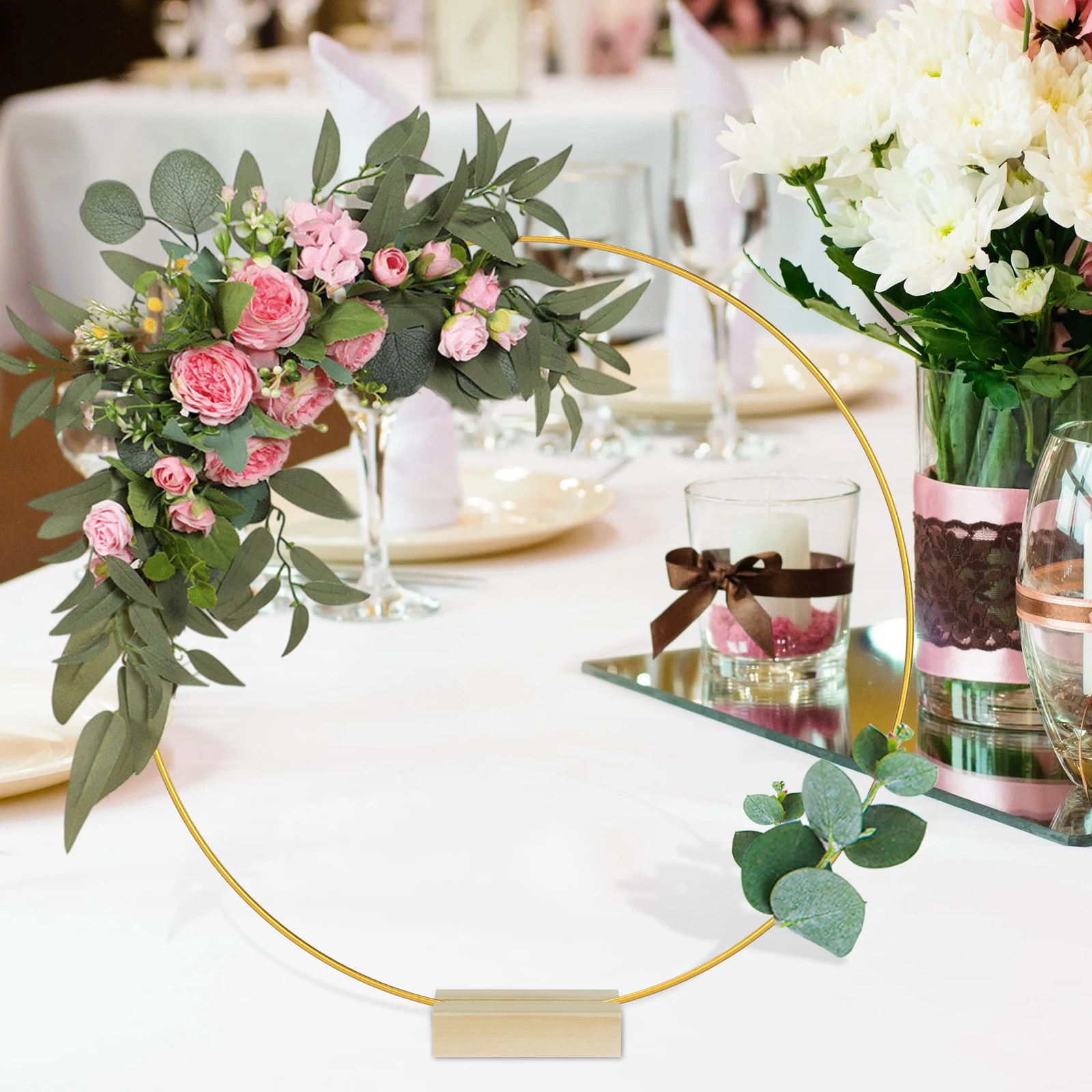10Pcs Metal Floral Hoop Centerpiece 30cm/12inch Round Macrame Gold Hoop Ring 10 Wood Stands Sturdy DIY Wreath Ring Table