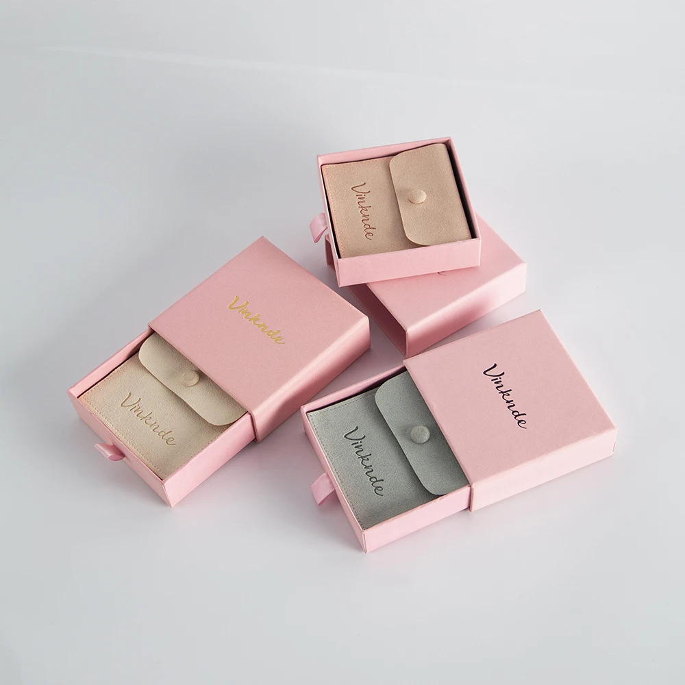 Thick Pink Paper 9x9x1.7cm Drawer Portable Jewelry Packaging Box and 8x8cm Necklace Bracelet Earring Microfiber Snap Button Bag