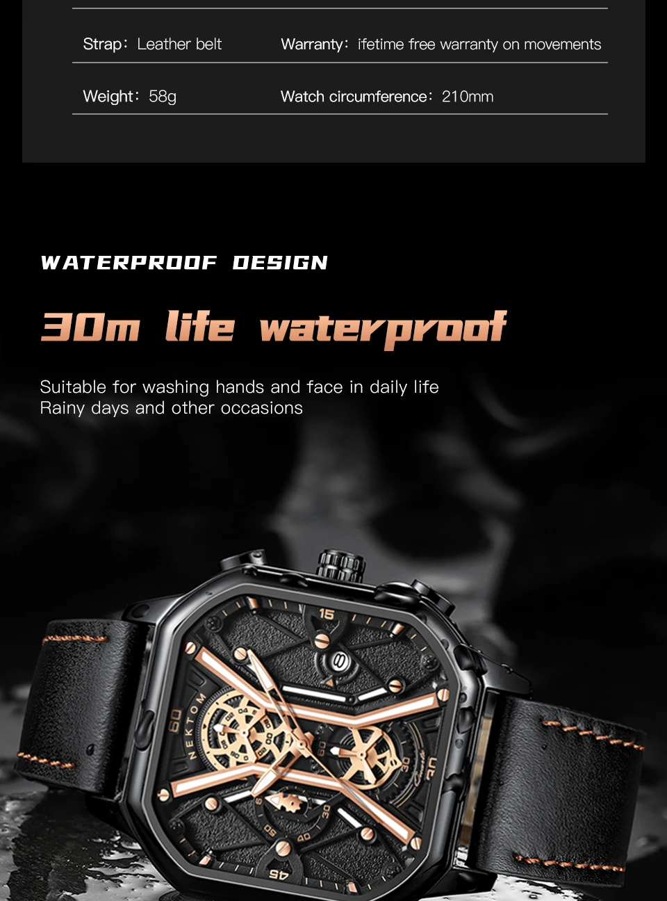 NEKTOM 2022 Luxury Square Quartz  Man Watch Waterproof Leather Strap Sport Watch Fashion Waterproof Quartz Wristwatch