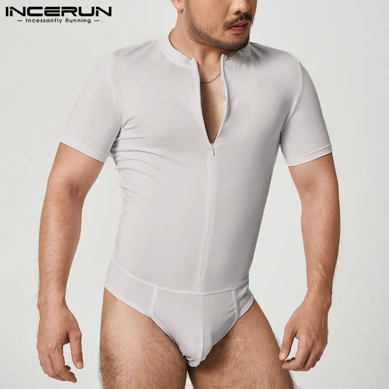 INCERUN Men Bodysuits Solid Color V Neck Short Sleeve Sexy Zipper Underwear Rompers Fashion Cozy Casual Men Bodysuit S-5XL
