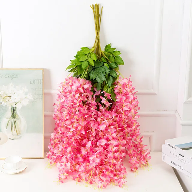 Artificial Plant Wisteria Flower Wall Hanging Rattan Decoration Home Hotel Garden Hall Decoration Wedding Scene Ceiling Pendant Encrypted pink red