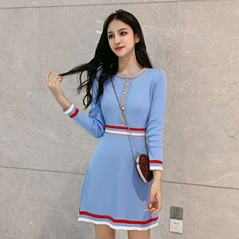 

Korean Chic Women Elegant O-Neck Knitting Dresses New Autumn Fashion Hit Color Long Sleeve Knit Dress Vestidos