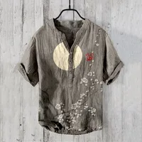 New Hawaiian shirt landscape series 3D digital printing bamboo linen youth men's short-sleeved shirt casual Chinese style V-neck 1