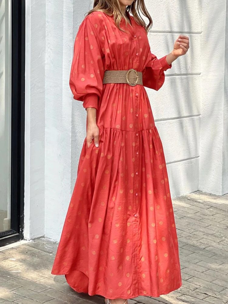 

Spring Summer Loose Dress Women's Stand Collar Belt Polka Dot Printed Long Skirt Fashion Casual Street Women Dress Dresses Robe
