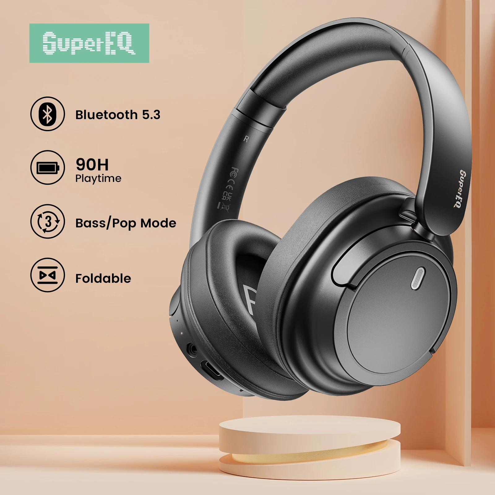 SuperEQ By Oneodio V16 Wireless + Wired Headphones Foldable Over Ear Bluetooth 5.3 Headset With Mic Bass/Pop Mode 90H Playtime