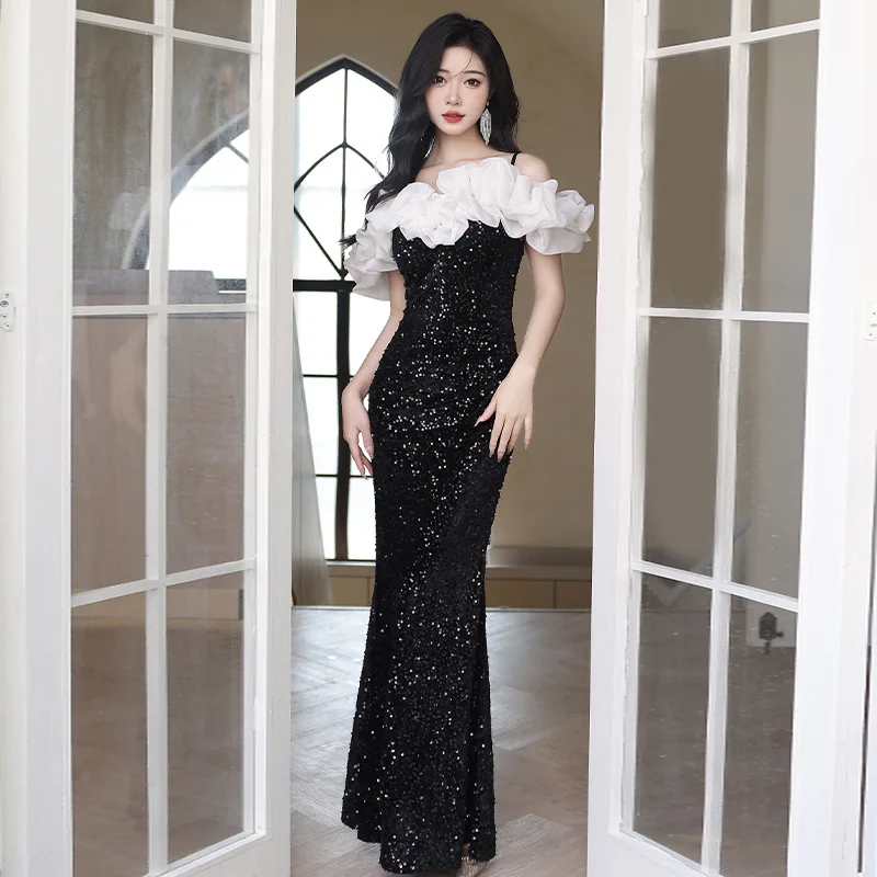 

Black Paillette Evening Dress Light Luxury High-End Niche New Style Spring Birthday Banquet Dinner Suit High-End Sense