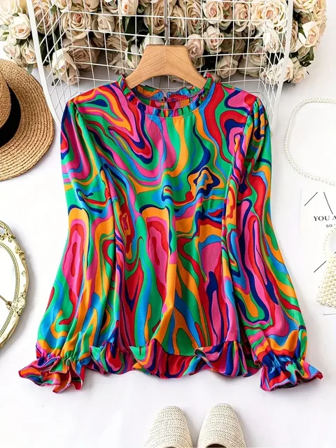 Plus Size 1XL-5XL Women Fashion Round Neck Long Sleeve Print Blouse Shirts Ladies Casual   Boho Blouse Shirt Top