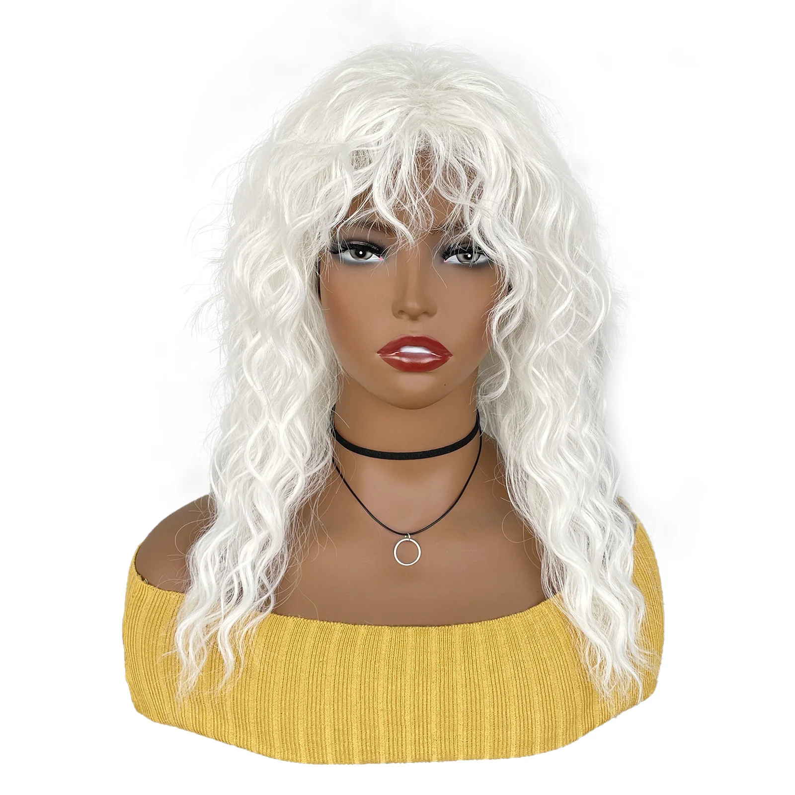 

BCHR Long White Curly Wig Cosplay Anime Synthetic Water Wave Wigs with Bang for Women Hair