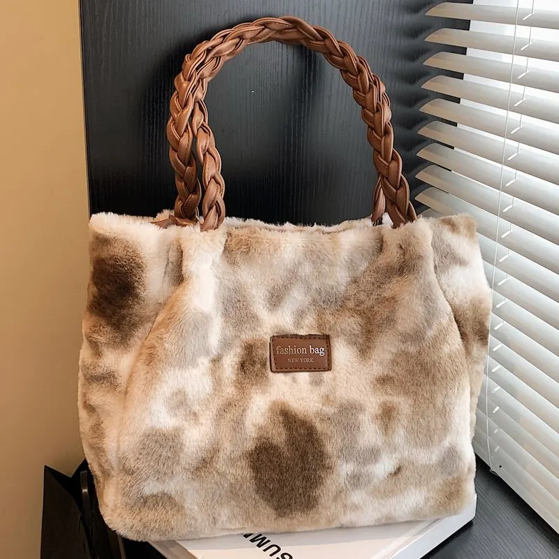 JIAERDI Plush Tie Dye Tote Bag Women Woven Handle Large Capacity Shoulder Underarm Bags Ladies Soft Comfortable Casual Handbag