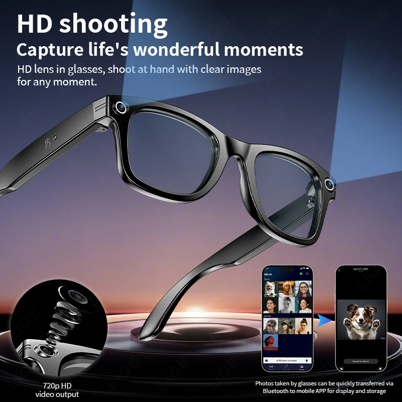Lunettes intelligentes Ai avec 8MP 4K enregistrement vidéo de caméra, transfert WiFi, appel audio Bt