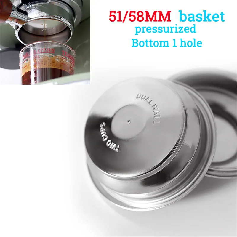 Pressurized Single/Double Cup Coffee Filter Basket for Espresso Portafilters (51mm/58mm)