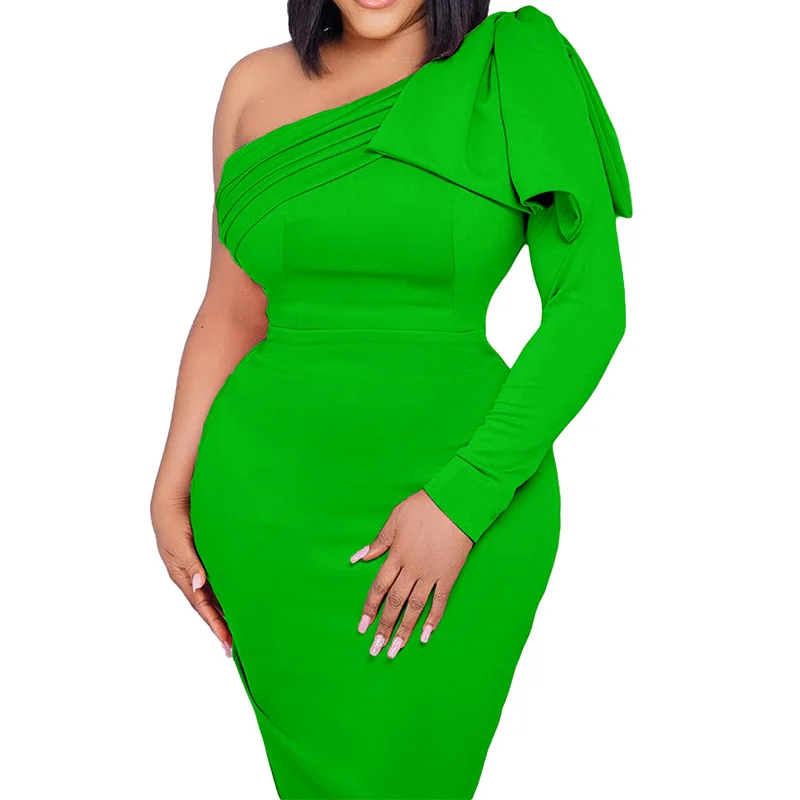 Evening Party Sexy Solid Color Pleated Oblique Collar Patchwork Bag Hip Mid-Calf Dress Autumn Elegant Plus Size Female Clothing
