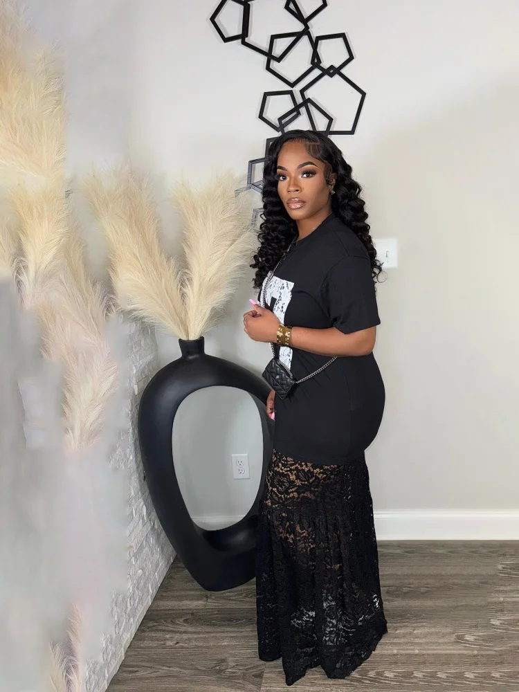 Wmstar 2025 new woman summer Sexy hot  suitable dress Lace dress letter print O neck Short sleeve long thin light dress