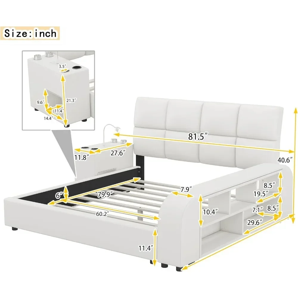 Queen Size Smart Bed Frame  Upholstered Platform Bed with Headboard and Light with Storage Shelves and Multimedia Nightstand 4