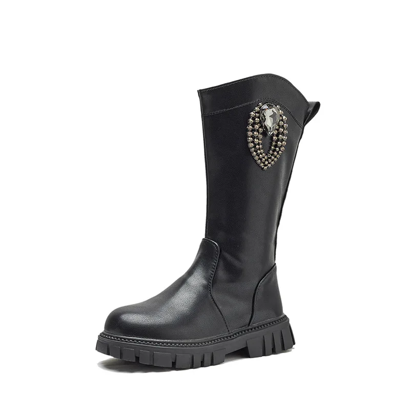 

Girls Black Boots 2022 Autumn and Winter Britain Style Kids Fashion Rhinestone Performance Children Long Boots for Catwalk New
