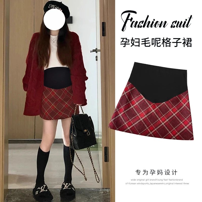 Autumn Winter Maternity Red Plaid Skirt Japanese Style High Waist Pregnant Woman Mini Skirt Slim Pregnancy Woolen A-line