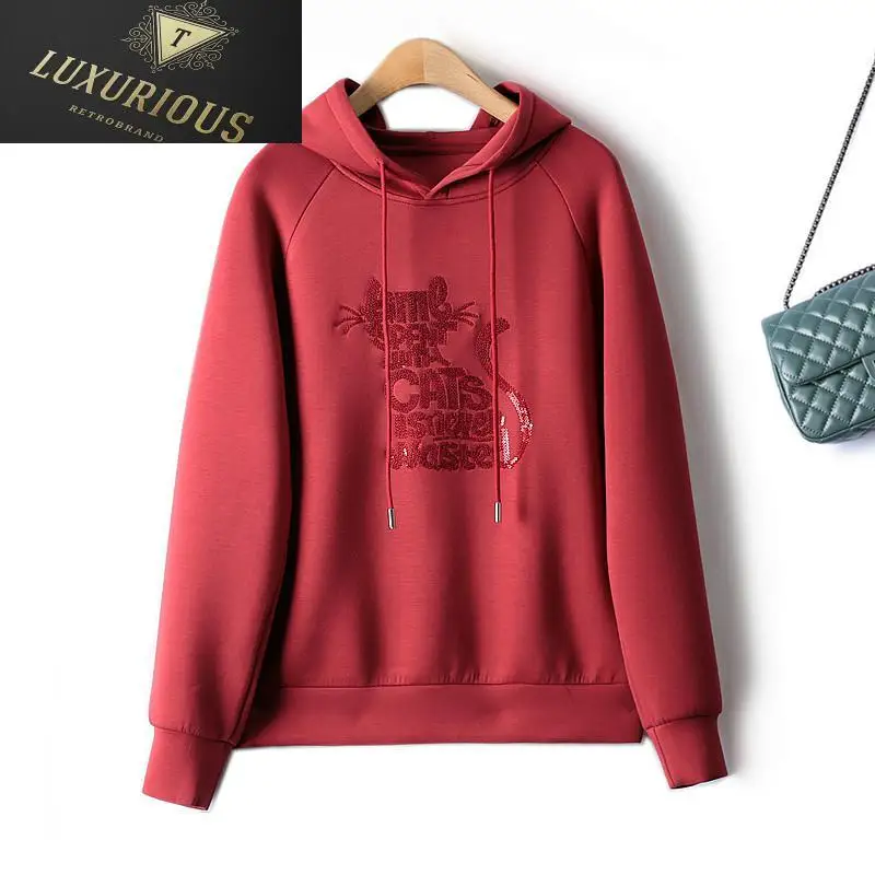 

Sweet Hooded Sweatshirts 2024 New Embroidered Cartoon Sequins Heavy Industry Air Cotton Sweater Autumn Tops Y2k Clothes 4XL