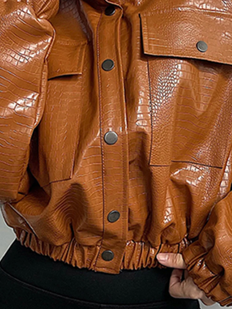 Spring Autumn Short Cool Oversized Crocodile Print Faux Leather Jacket Women Button Up European Fashion Streetwear