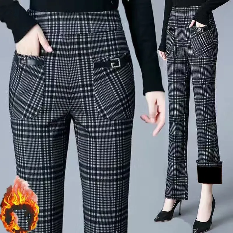 Spring and Autumn Women's Patchwork Pockets High Waist Elastic Fashion Loose Plaid Stripes Versatile Casual Micro Flap Pants