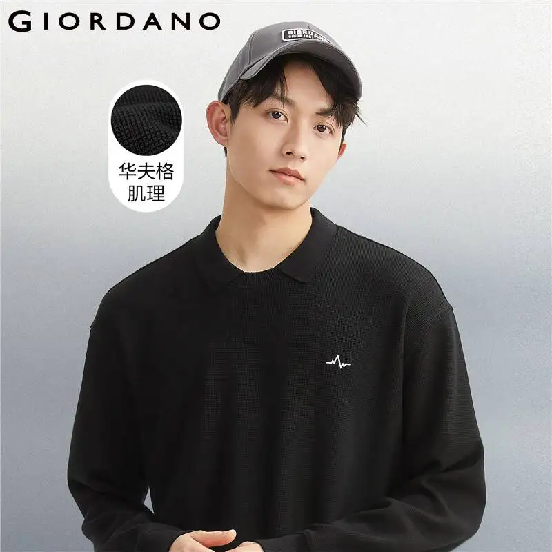 

GIORDANO Men Sweatshirts Fake 2-Piece Embroidery Fashion Sweatshirts Turn-Down Collar Loose Waffle Casual Sweatshirts 18023905