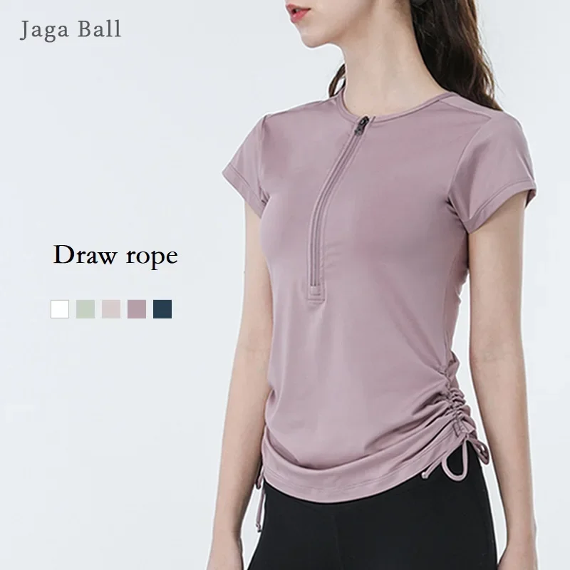 Women Sport Tennis Shirts Half Zipper Drawstring Gym Tops Ladies Short Sleeve Slim Running T-shirt Breathable Yoga Blouse