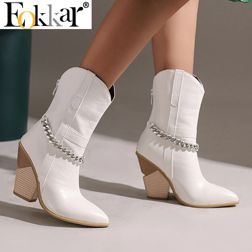 

Eokkar Wedges Cowboy Ankle Boots for Women Stacked High Heel Cowgirl Boots Western Chain Pointed Toe Mid Calf Boots White Boots