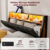 Hidden Storage Headboard with LED Lights, Ergonomic Upholstered Queen Headboard Only with Charging Station, 2 Outlets & 2 USB 4
