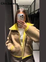 Casual Women's Contrast Color Knitted Coats Stand Collar Full Sleeve Zipper Pockets Jacket 2025 Autumn Winter Lady Warm Outwear 5