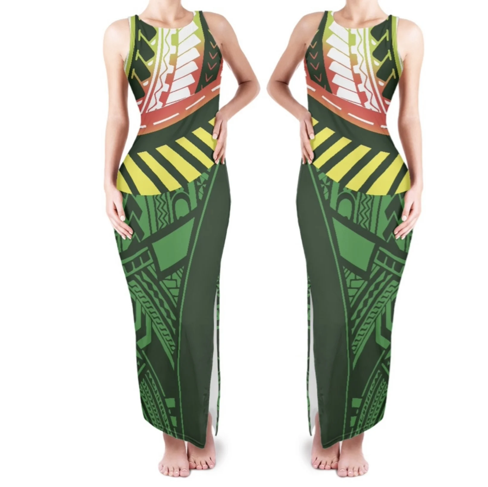 

Polynesian Tribal Hawaiian Totem Tattoo Hawaii Prints Sisterly Clothes Sleeveless Off Shoulder Sexy Cheongsam Style Long Dress