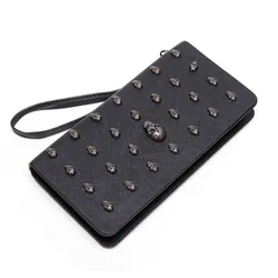 Women's Skull Head Black Handheld Long Wallet, Gothic Credit Card Clip Mobile Wallet, with Wrist Strap