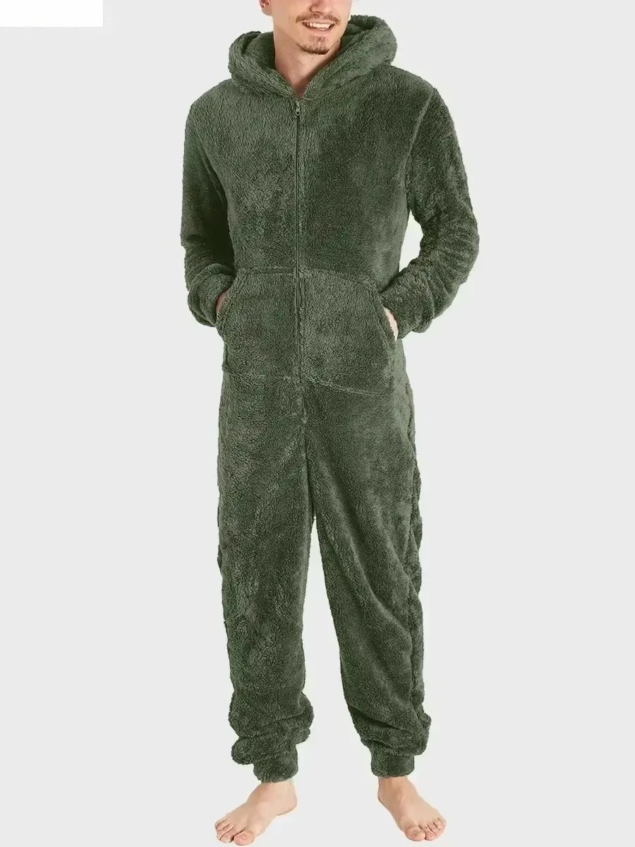 الرجال الشتاء الدافئة مجموعات امبسوول منامة مجموعات الرجال الصوفية الصلبة سستة قطعة واحدة عادية كم طويل مقنع بذلة طويلة 5XL