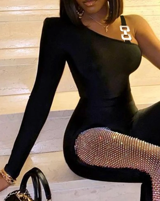 Women's Sexy Flared Leg Jumpsuit Temperament Night Out Female Clothing Women Fashion Rhinestone Fishnet Patch Skinny Jumpsuits
