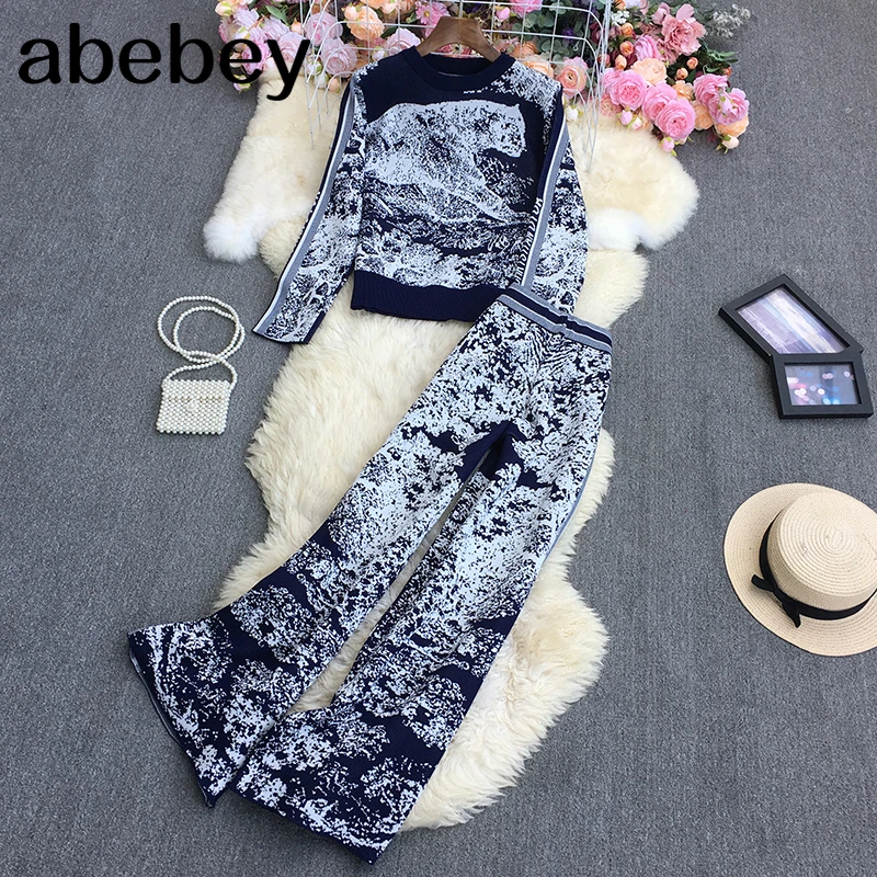plus size jogging suits 2022 New Spring Autumn Fashion O-neck long sleeve animal print Knitted Top + high waist casual wide leg Pants two-piece set plus size dressy pant suits