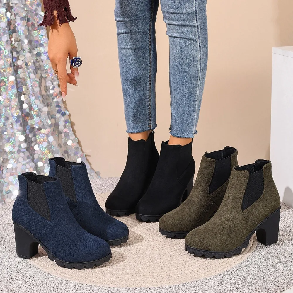 Women's Chelsea Ankle Boots Faux Suede Round Toe Chunky High Heel Platform Booties Ladies Elastic Side Short Boots
