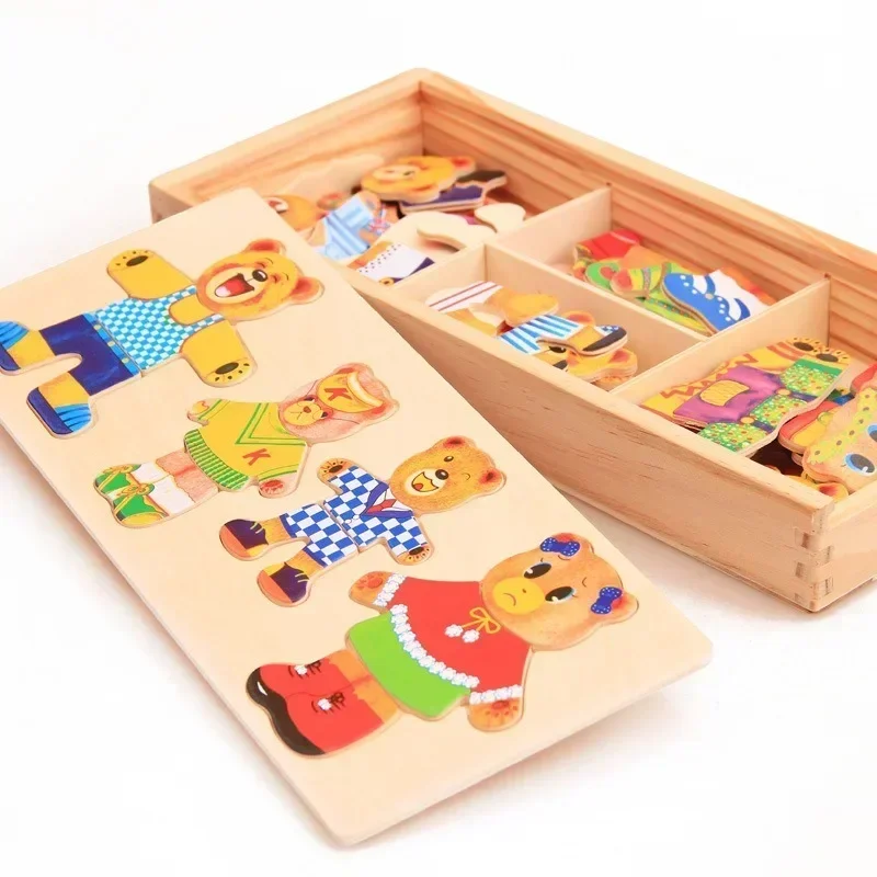 Wooden Jigsaw Puzzle Little Bear Change Clothes Children's Early Education Dressing Game Baby Puzzle Toys for Children Gift