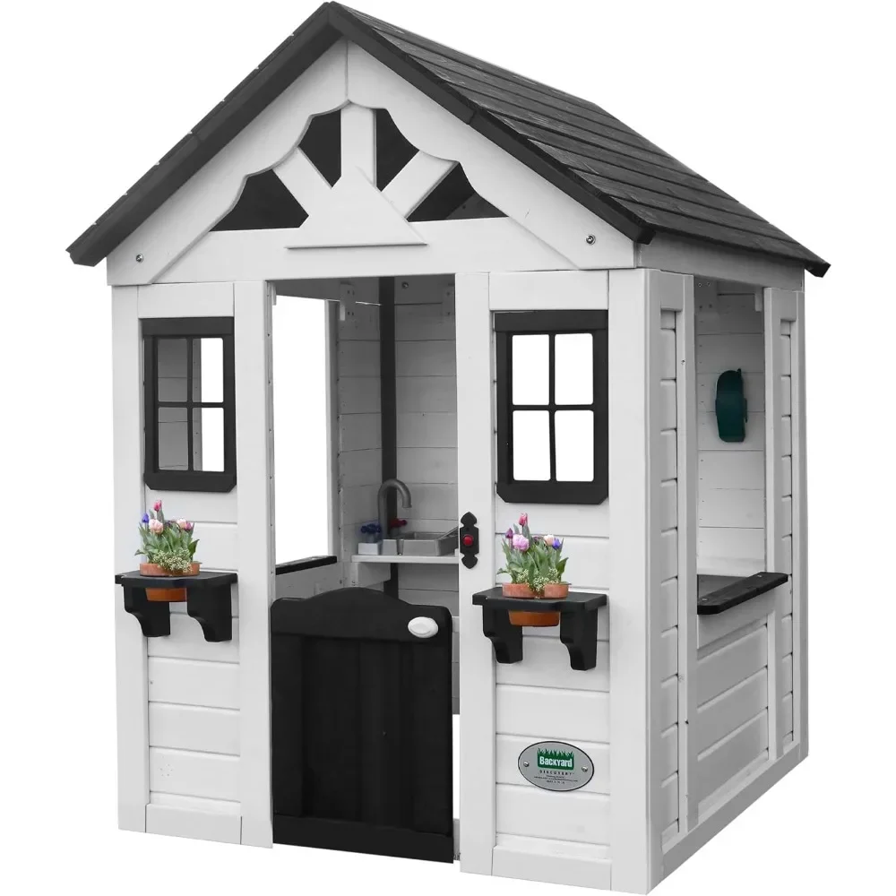 Outdoor Playhouse, Cottage, Sink, Stove, Windows, Kitchen with Pot and Pans and Utensils, Flowerpot Holders, Working Doorbell 6