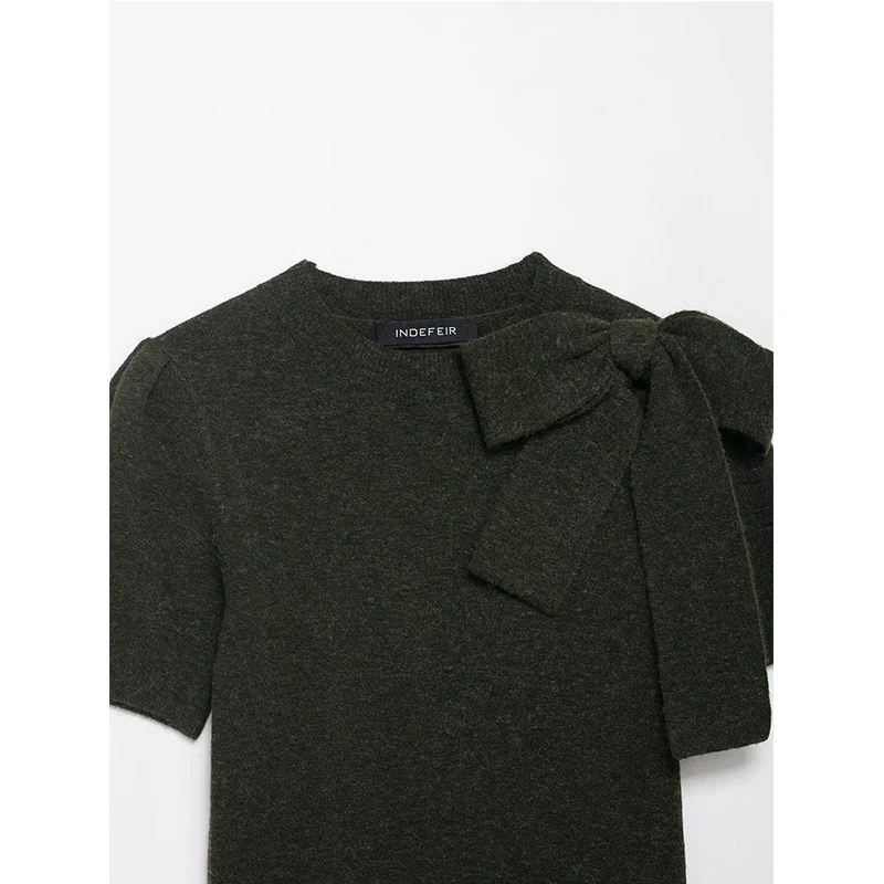 Women's Elegant Bow Knitted Sweater Women Short Sleeve Pullover Top 2025 Autumn New Fashion Casual O-Neck Knitwear Tops