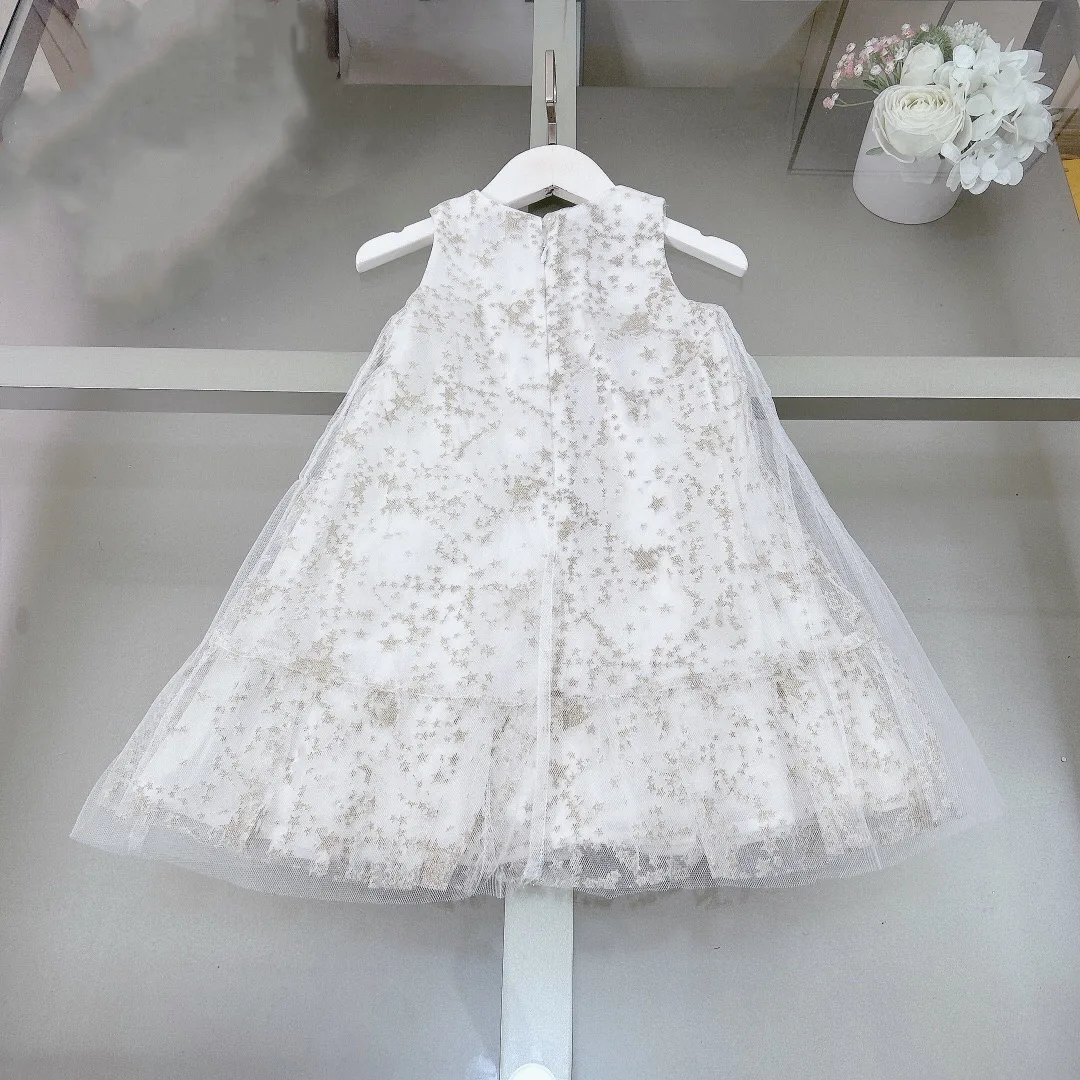 

2024 Summer New High Quality Dress White Sleeveless Mesh Princess Dress Girl Outdoor Fashion Brand 2 4 6 8 10 12 14 Years Old