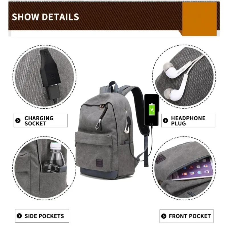 New Canvas Men Women's Backpack USB Rechargeable Outdoor Travel Bags Trendy Breathable Bag Junior High School Student School Bag