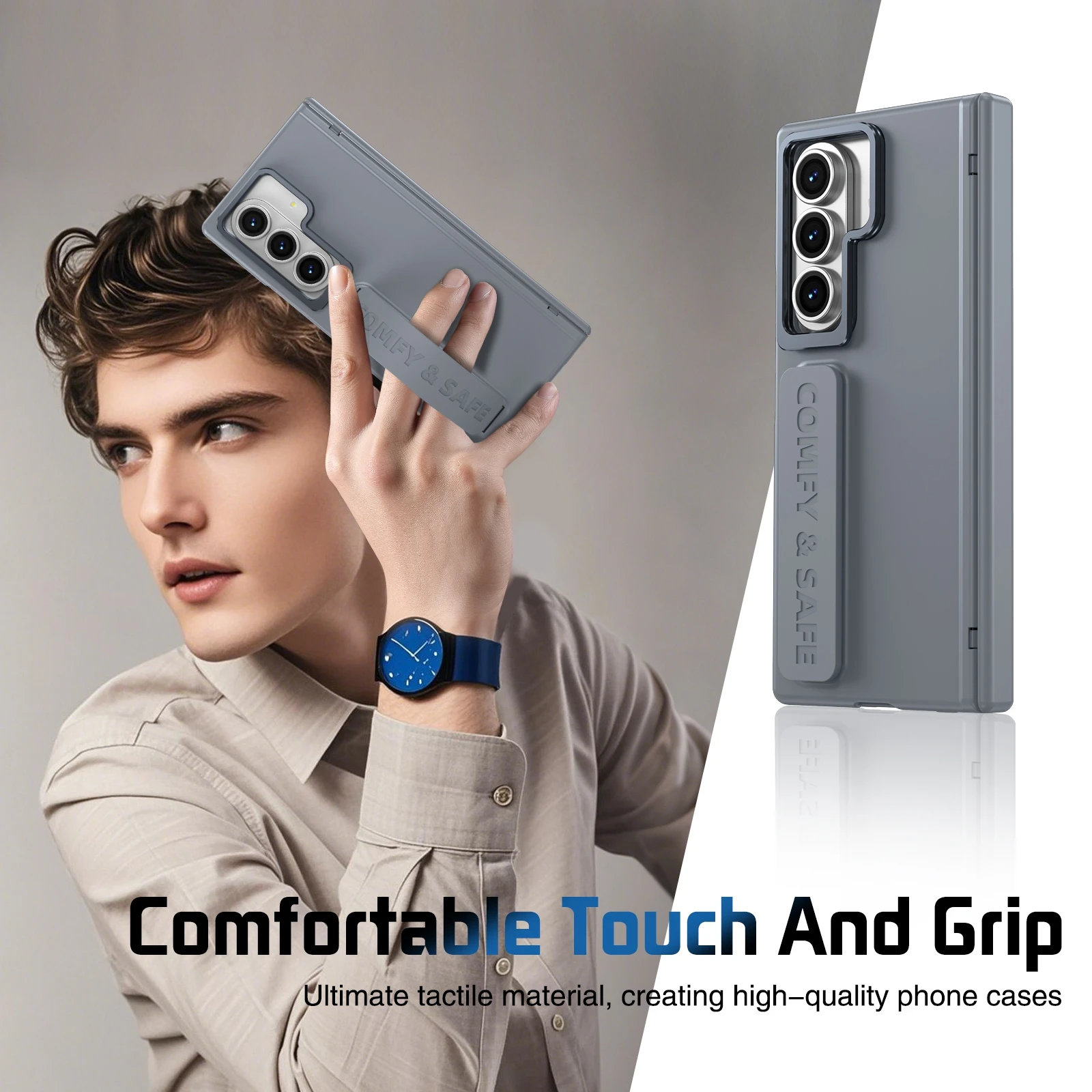 Magnetic Hinge Phone Case with Camera Lens Holder, Soft Wrist Strap, and Protective Film